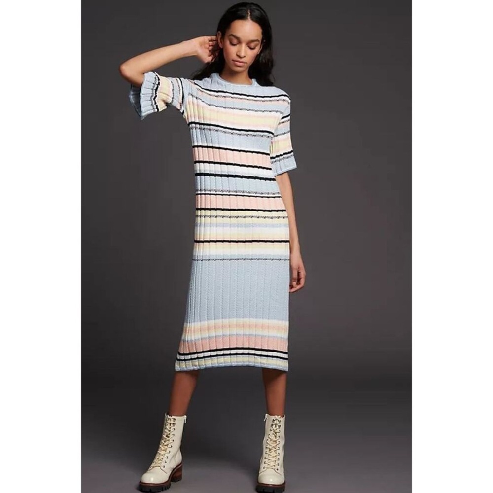 Anthropologie Maeve Roberta Sweater Dress L Midi Ribbed Striped Art Boho Cottage